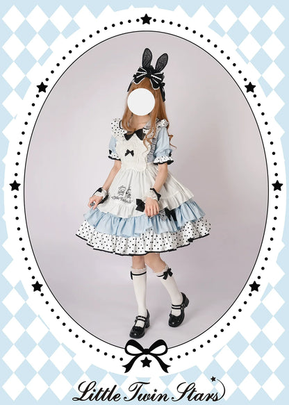 Vcastle - Sweet Lolita OP Dress Splicing Sleeve Apron Dot Print Dress