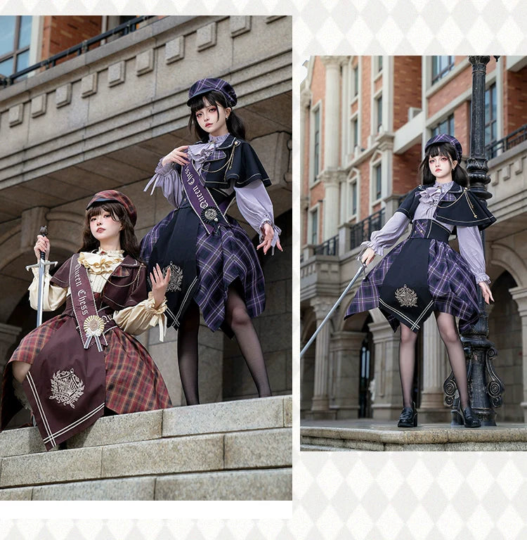 Forest Fluorescent Carps - Queen's Game - Military Lolita OP, Ouji Plaid Lolita Dress Set