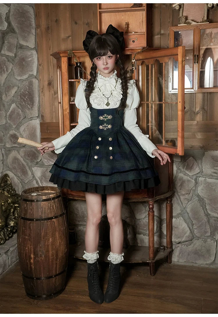 With PUJI - Berlin Souvenir - Plaid Preppy Style Lolita Bust Supporting JSK Outfit