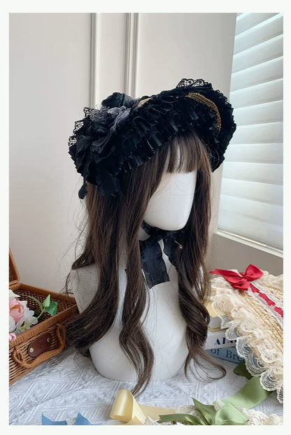 With PUJI - Floral Language - Country Lolita Lace Bow Flat Cap Straw Hat