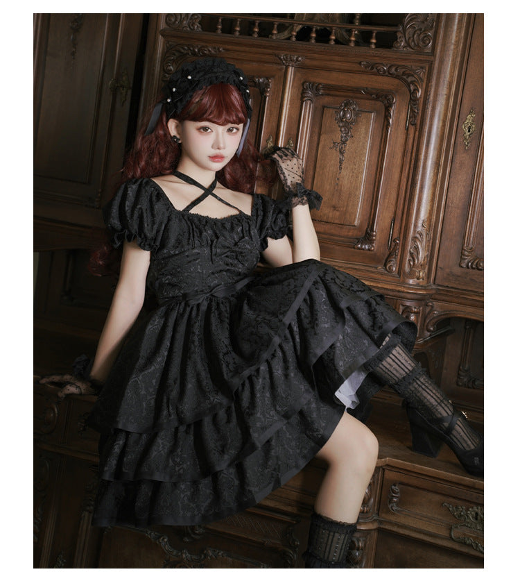 Eieyomi - Thorn Rose - Gothic Lolita Three-layer Ruffle Black OP