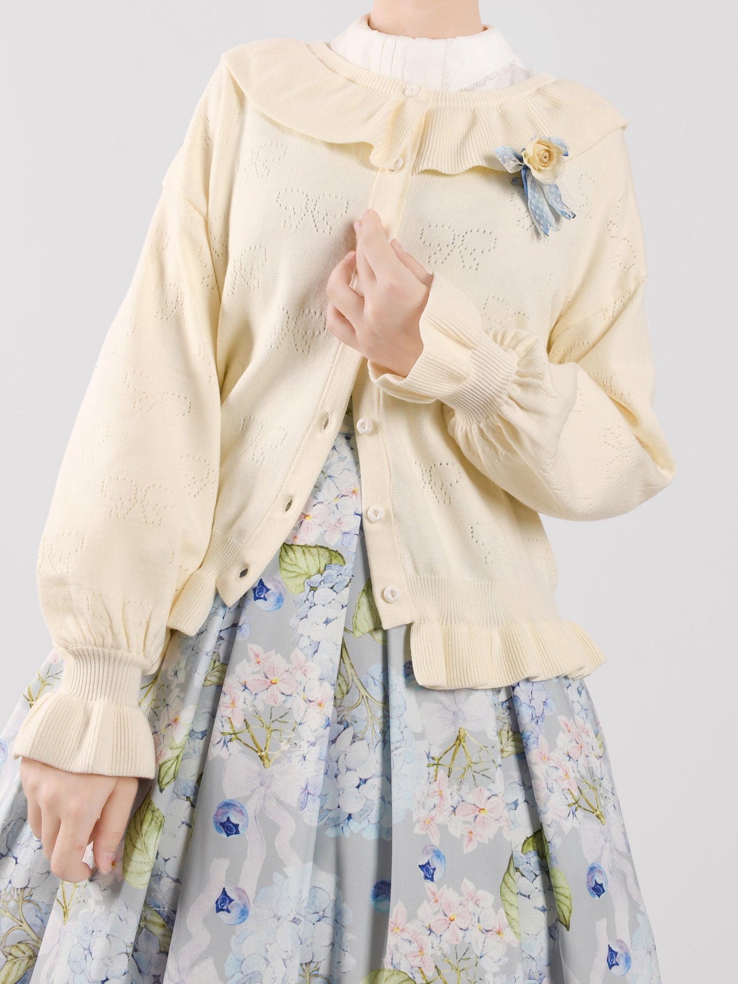 MIST - Vintage Lolita Bow Hollowed-out Sweater Ruffled Cardigan