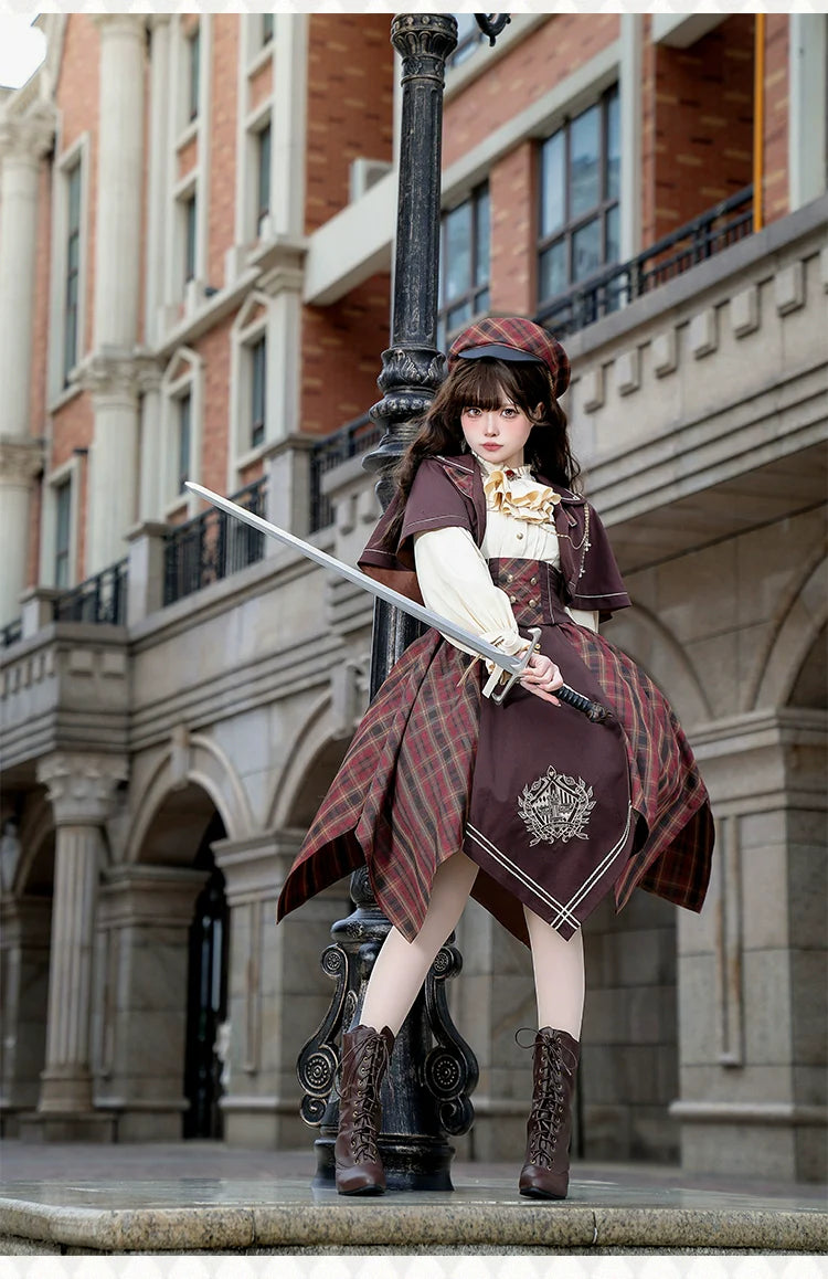 Forest Fluorescent Carps - Queen's Game - Military Lolita OP, Ouji Plaid Lolita Dress Set