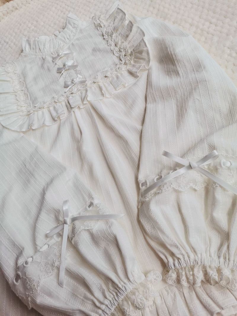 Yilia - Cotton Lolita Lace Long Sleeve White Blouse