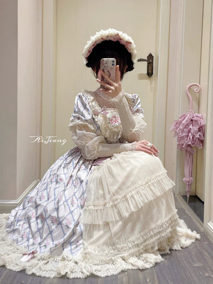 Moon River - Elegant Lolita OP Dress Short Sleeve Square Neckline Print Dress