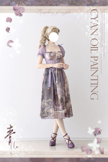 Cyan Lolita - Blooming Tree Shade - Elegant Lolita OP Oil Painting Print Bow Dress