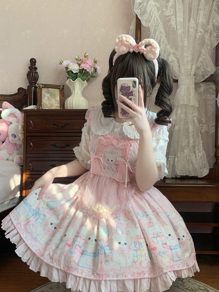 Suiyi - Meow Pompom - Sweet Lolita Salopette Dress Suit, Cat Print