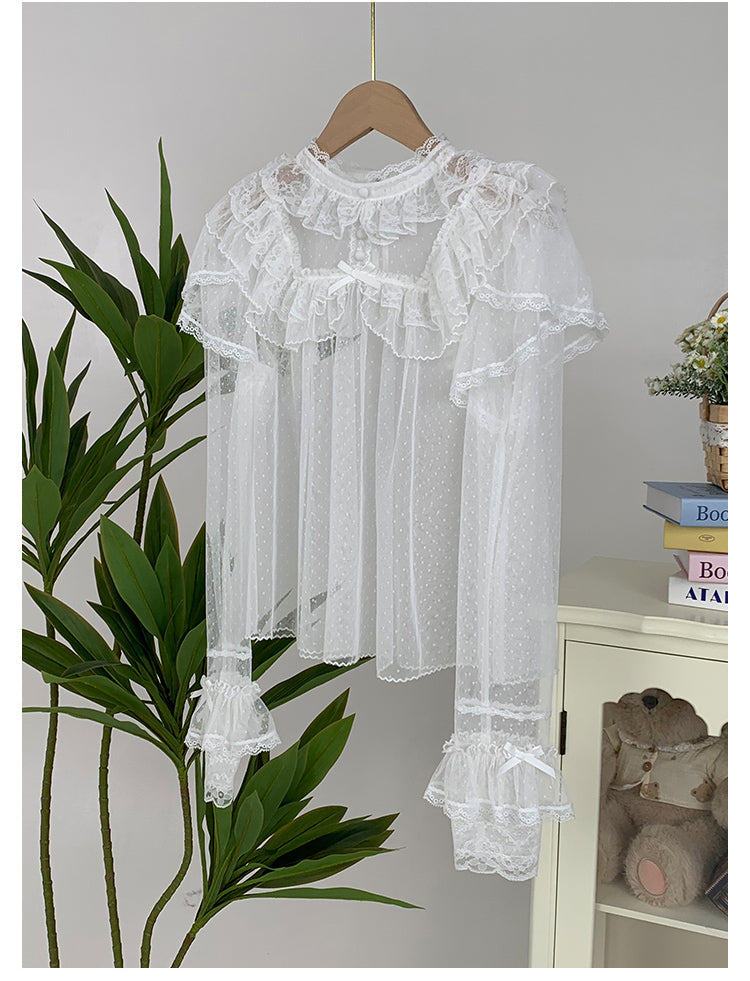 With PUJI - Letters and Poems - Summer Classic Lolita Shirt with Dotted Tulle and Long Sleeve