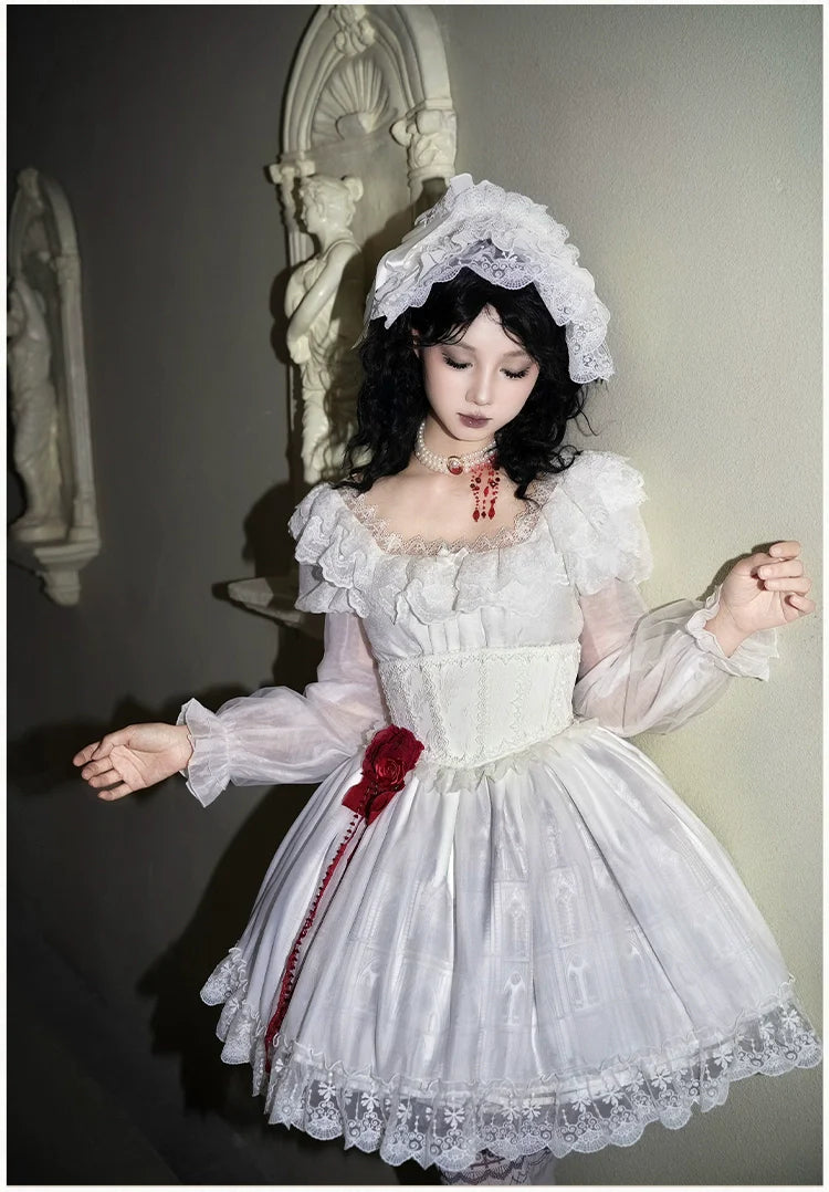 With PUJI - Dawn's Last Light - Castle Printed White Gothic Lolita OP, Two Length Styles