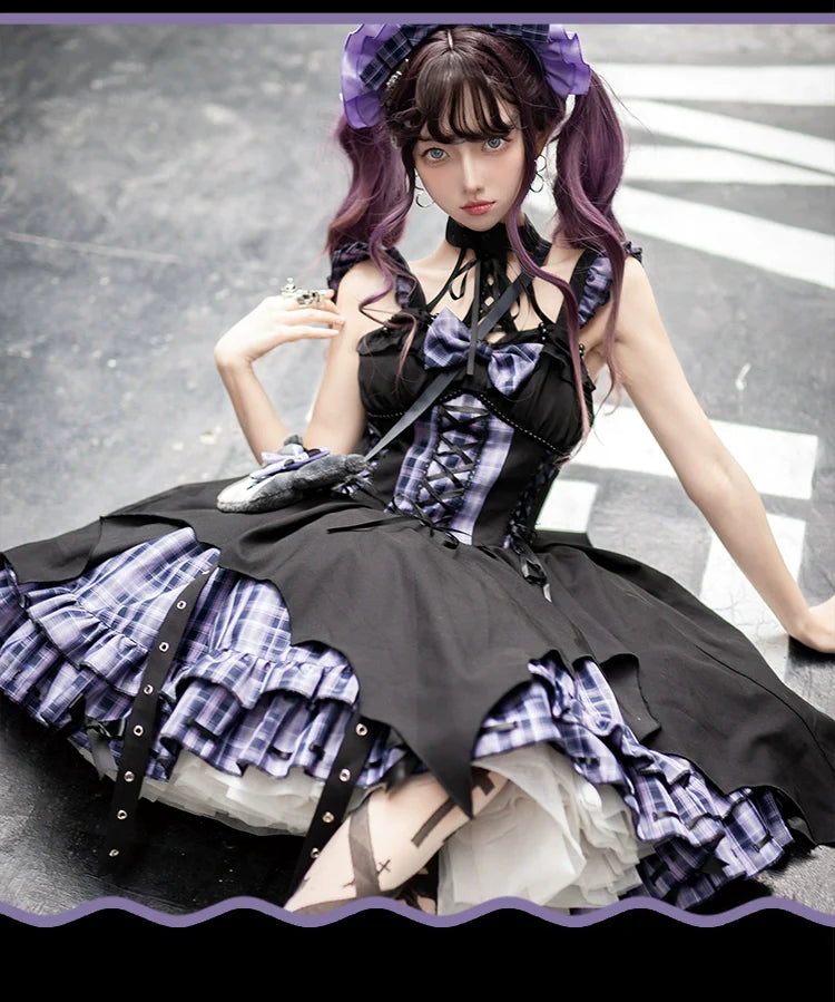 OCELOT - Rock 'N' Row Radio Wave - Punk Lolita JSK Dress Plaid Irregular Hemline Dress