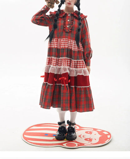 Soso Meme Club - Vintage Lolita OP Dress Red Lolita Plaid Dress for Spring Summer