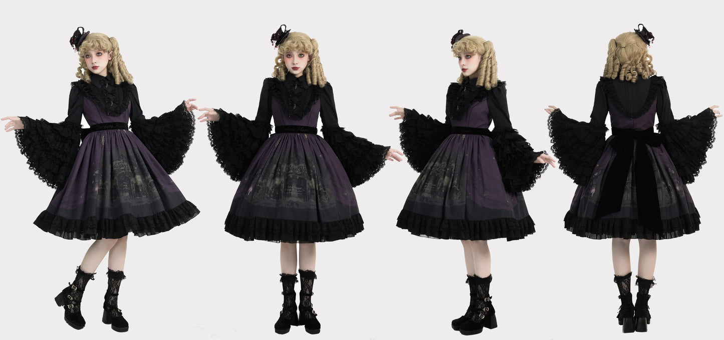 Dark Circle Clinic - Barbara Manor Night - Gothic Lolita JSK Pleated Floral Print Lolita Dress