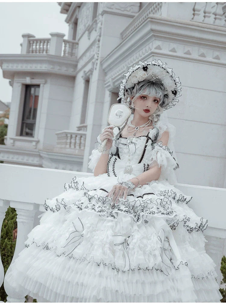 Cat Fairy - Dark Starry Night - Wedding Lolita Jumper Dress Black And White Tea Party Dress