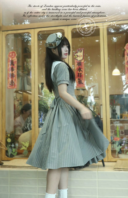 Forest Fluorescent Carps - The Rain of London - Elegant Lolita OP Dress, Bat Wing-Shaped Neckline