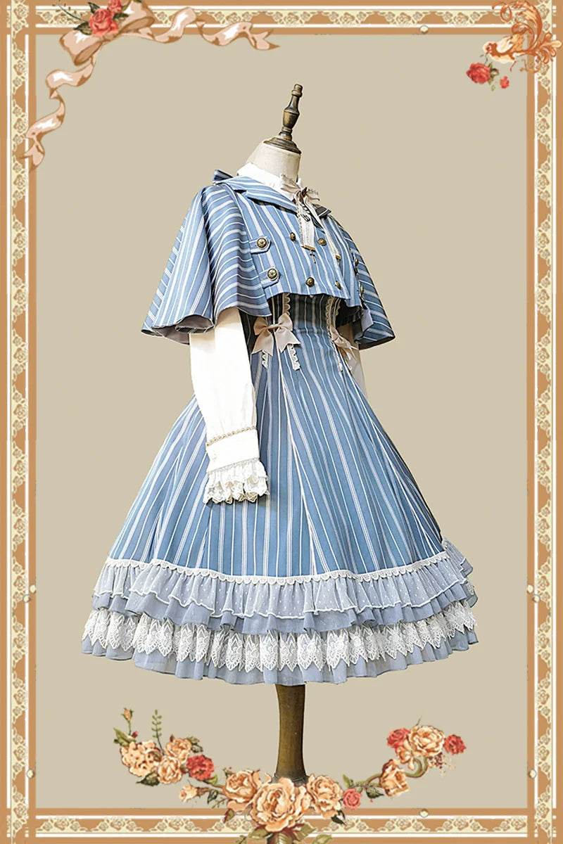 Infanta - Elegant Lolita Stripe High-waist Jumper Dress Set and Cape