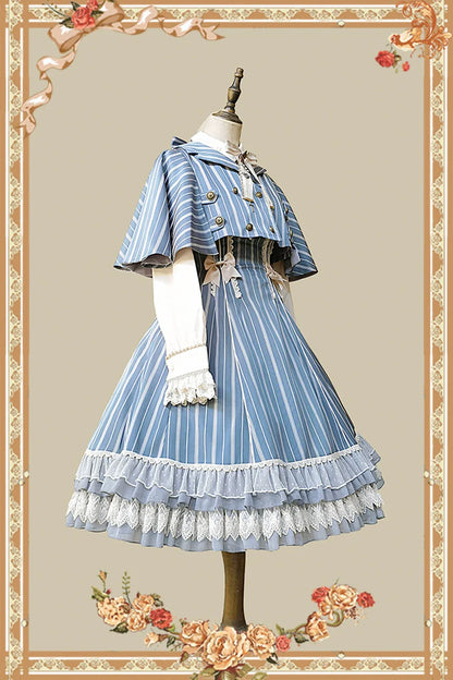Infanta - Elegant Lolita Stripe High-waist Jumper Dress Set and Cape