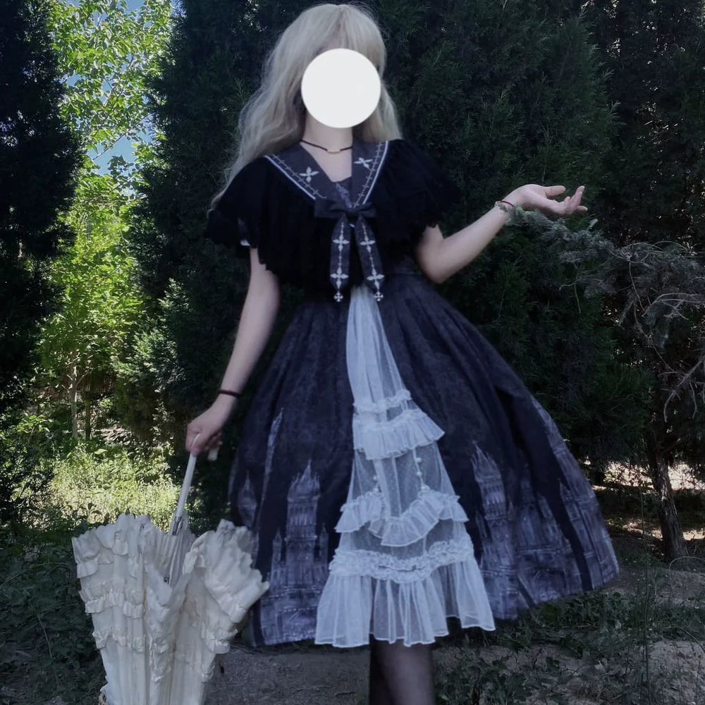 Cornfield Lolita - Silent Church - Gothic Lolita JSK Dress Printed Dress Thin Shawl Set