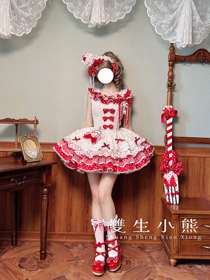 Shuang Sheng Xiao Xiong - Bite The Cake - Sweet Lolita Dress, Red & White Polka Dots