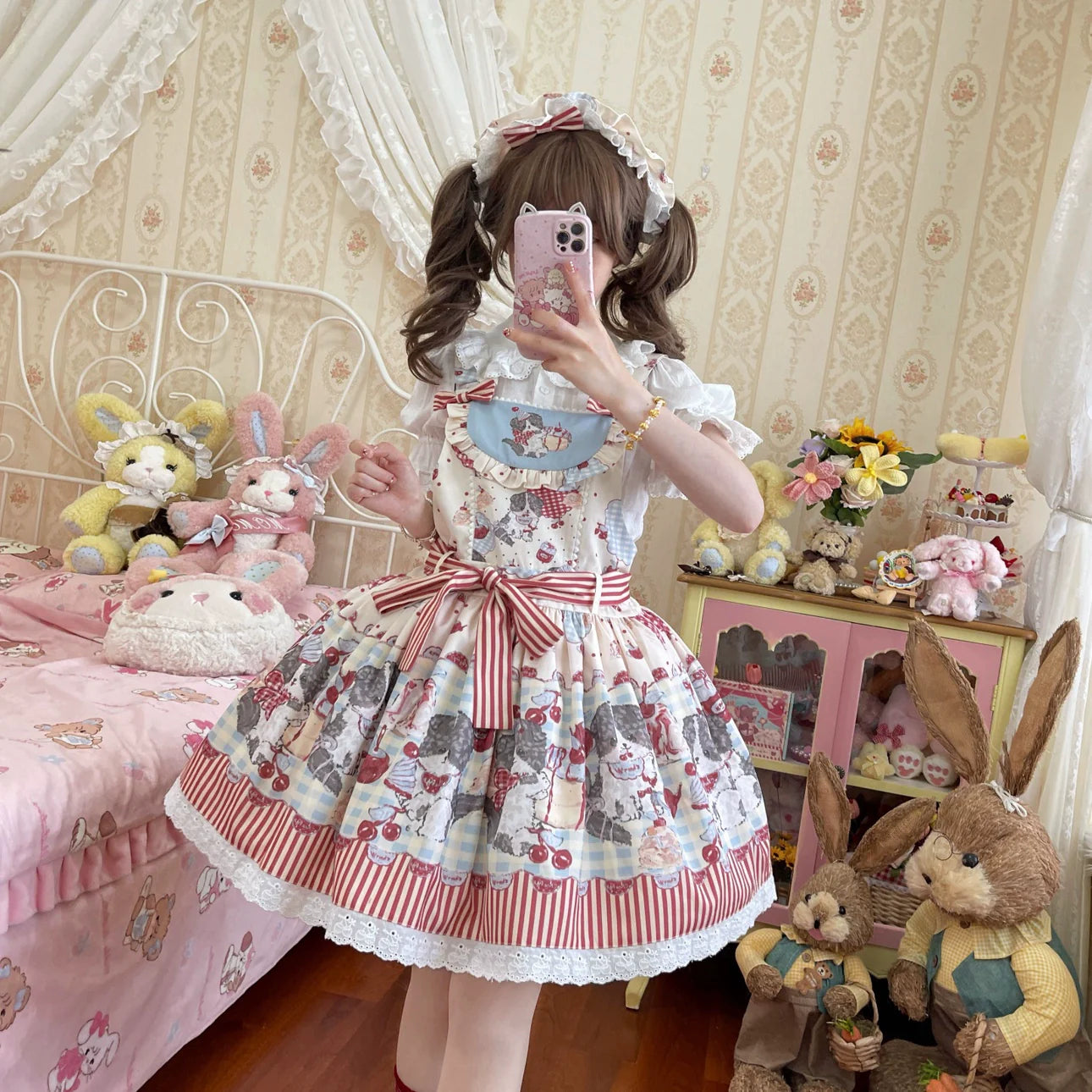 Akiyama Future Studio - Border Collie Cherry - Kawaii Lolita Salopette Cherry Print Dress