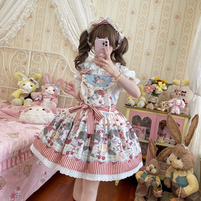 Akiyama Future Studio - Border Collie Cherry - Kawaii Lolita Salopette Cherry Print Dress