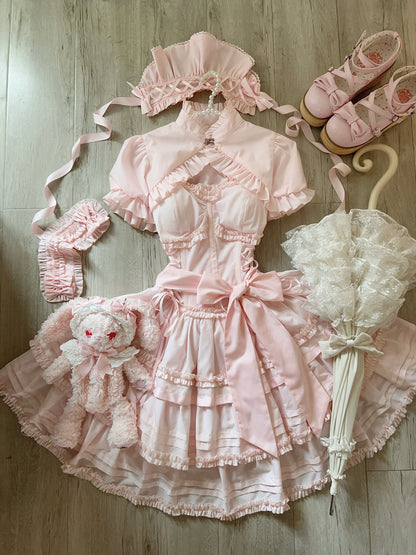 Mengfuzi - Lilith - Pink Sweet Lolita JSK Tiered Ruffle Dress with Bolero