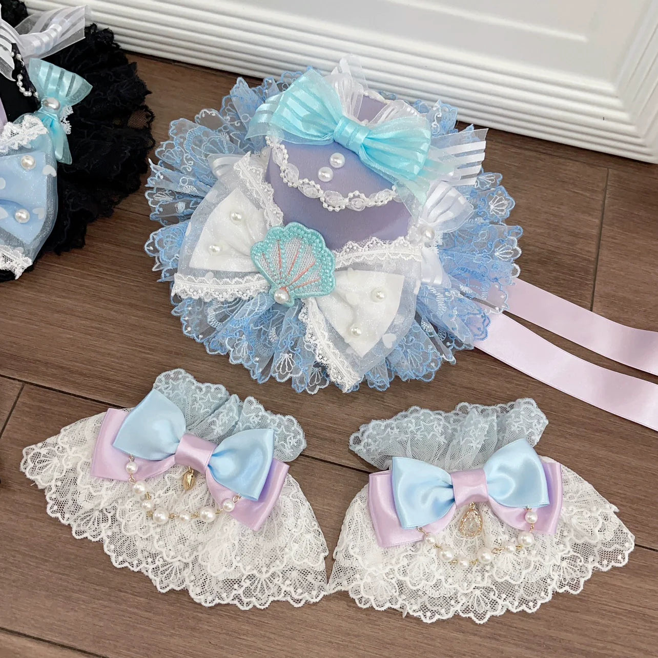 CheeseCat - Sweet Lolita Lace Cuffs Seashell Embroidery Ribbon Bow
