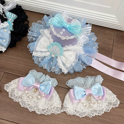CheeseCat - Sweet Lolita Lace Cuffs Seashell Embroidery Ribbon Bow