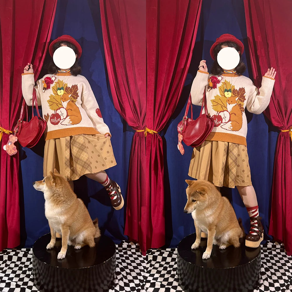 Miss Point - Chubby Fox in the Forest - Kawaii Lolita Sweater Customized Winter Lolita Couple Outfit