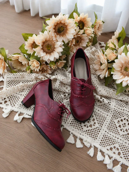 Sentaro - Retro Lolita Heel Shoes Handmade Perforated Strap Leather Shoes