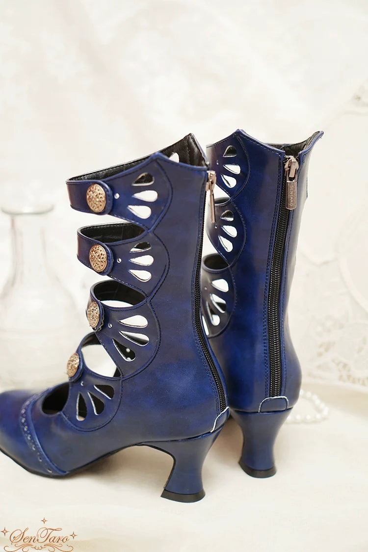 Sentaro - Floral Carved - Vintage Lolita Shoes Mary Jane Hollow-out Ankle Boots