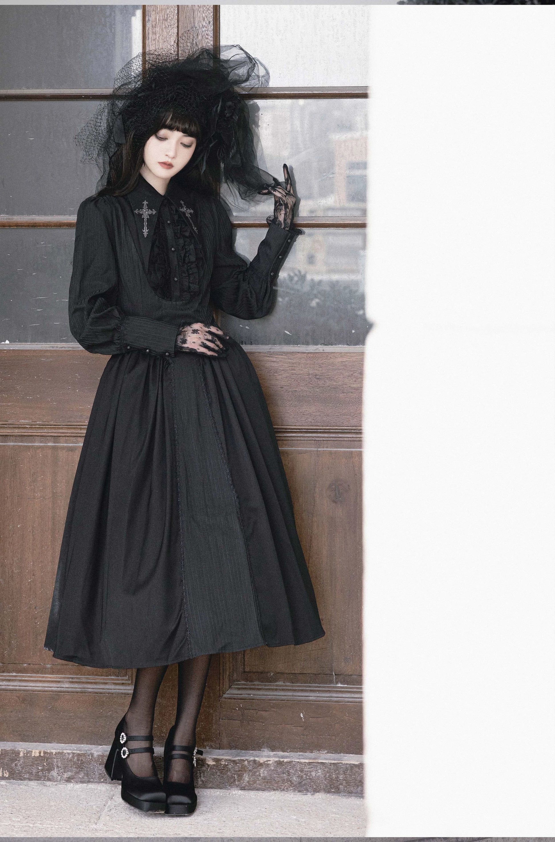 Lilizi - Redemption Song - Gothic Lolita OP Dress Cross Embroidery Tiered Hem