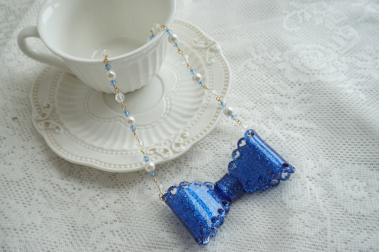 Cat Tea Party - Handmade Sweet Lolita Beaded Bow Necklace