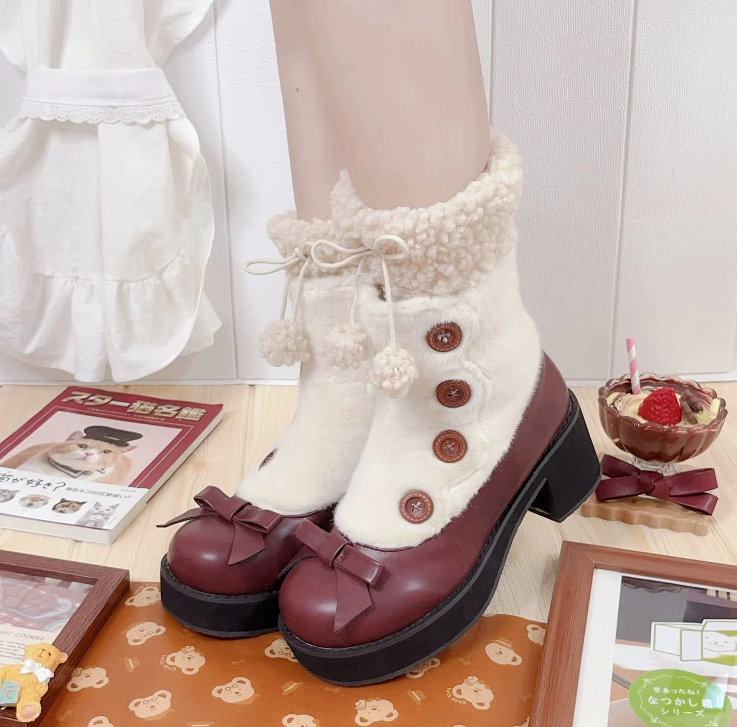Dolly Doll - Winter Lolita Boots Fur Mary Jane Lolita Low Heel Shoes