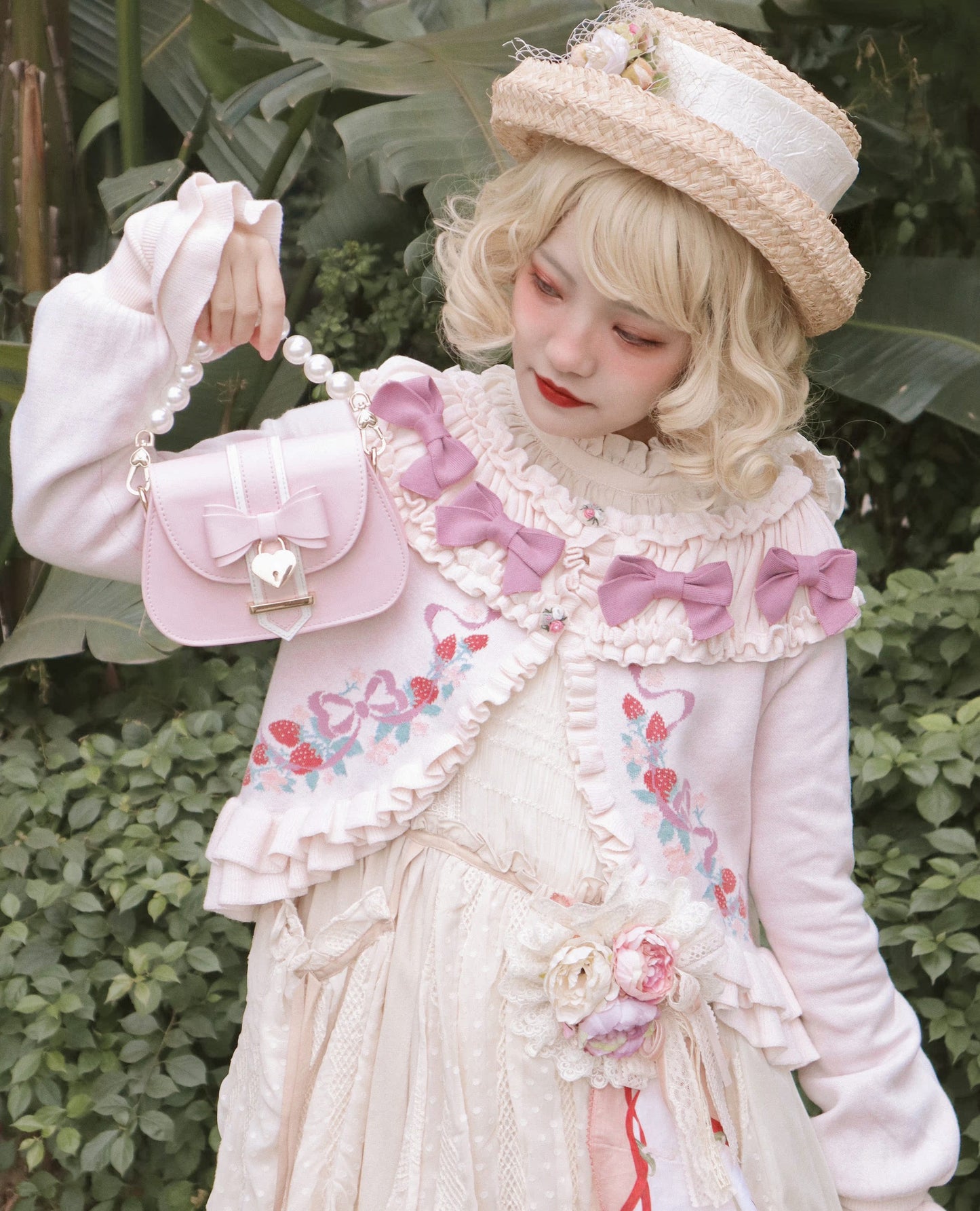 Lilizi - Little Strawberry - Sweet Lolita Cardigan Ivory Sweater with Bows