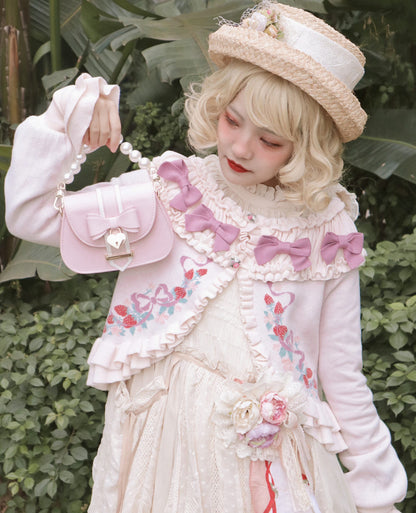 Lilizi - Little Strawberry - Sweet Lolita Cardigan Ivory Sweater with Bows