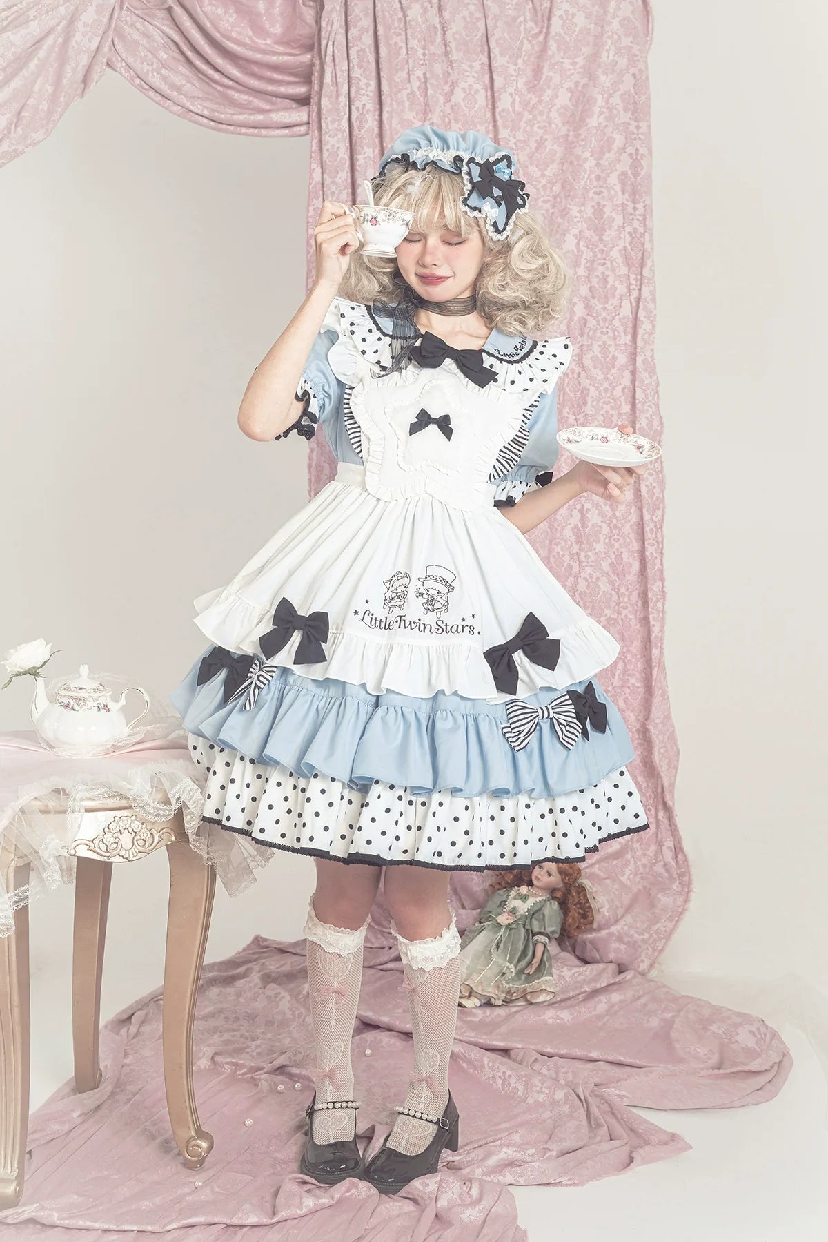Vcastle - Sweet Lolita OP Dress Splicing Sleeve Apron Dot Print Dress