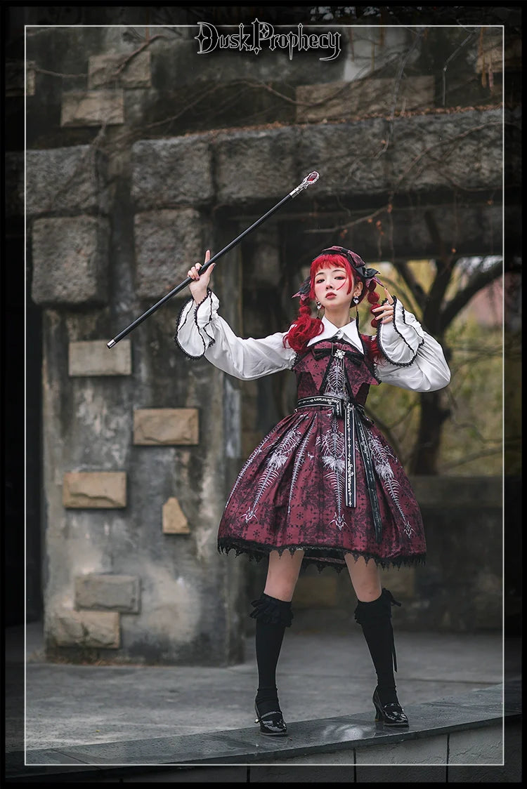 DuskProphecy - Coccyx - Elegant Lolita Dress High Waist Fishbone Print JSK Set