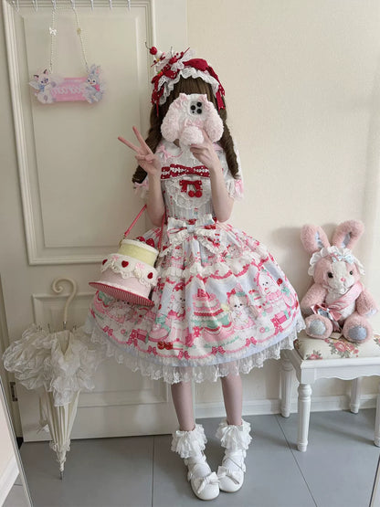 Hanguliang - Cherry Bake Song - Kawaii Lolita JSK Dress With Dessert Print & Cherry Bow