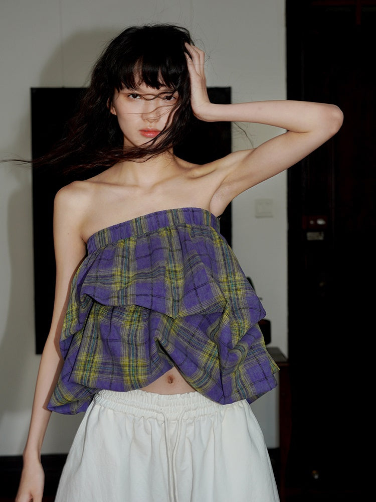 Plaid 2Way Design Short Bud Skirt & Bare Top