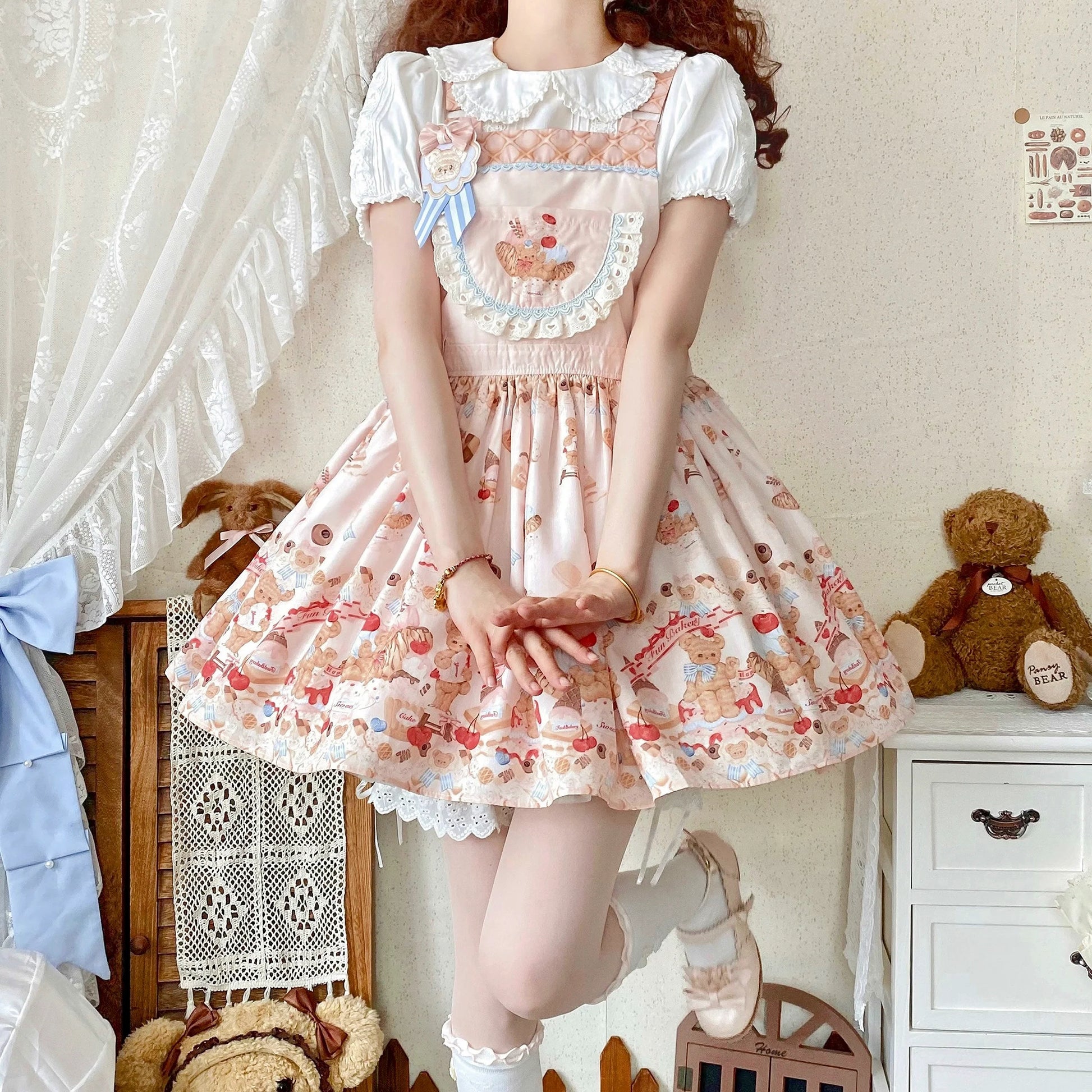 White Tea Story - Little Bear Bonny - Kawaii Lolita Salopette, Bear & Dessert Print
