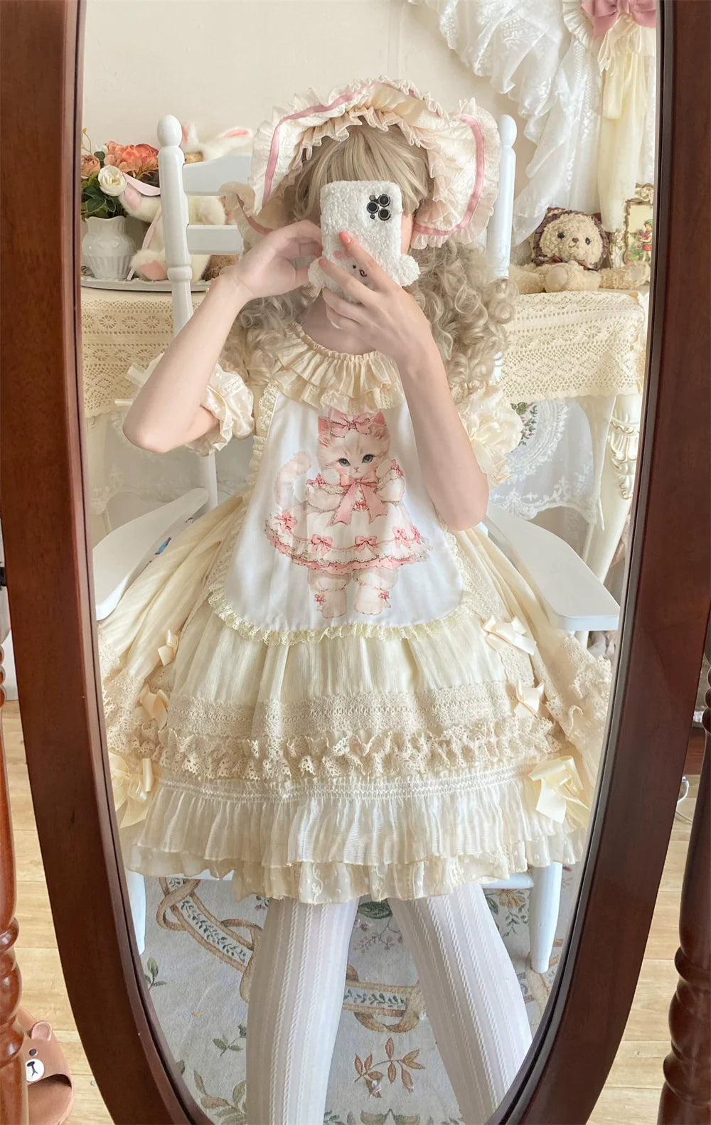 Ilovexiaolu - Meow Lullaby - Cotton Kawaii Lolita OP Dress with Removable Kitty Apron