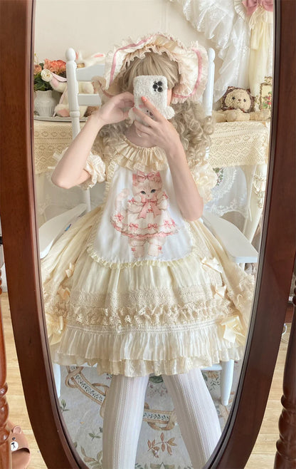 Ilovexiaolu - Meow Lullaby - Cotton Kawaii Lolita OP Dress with Removable Kitty Apron