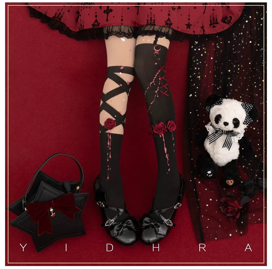 Yidhra - Fantasy Bride - Goth Lolita Pantyhose Rose Prints Pantyhoses