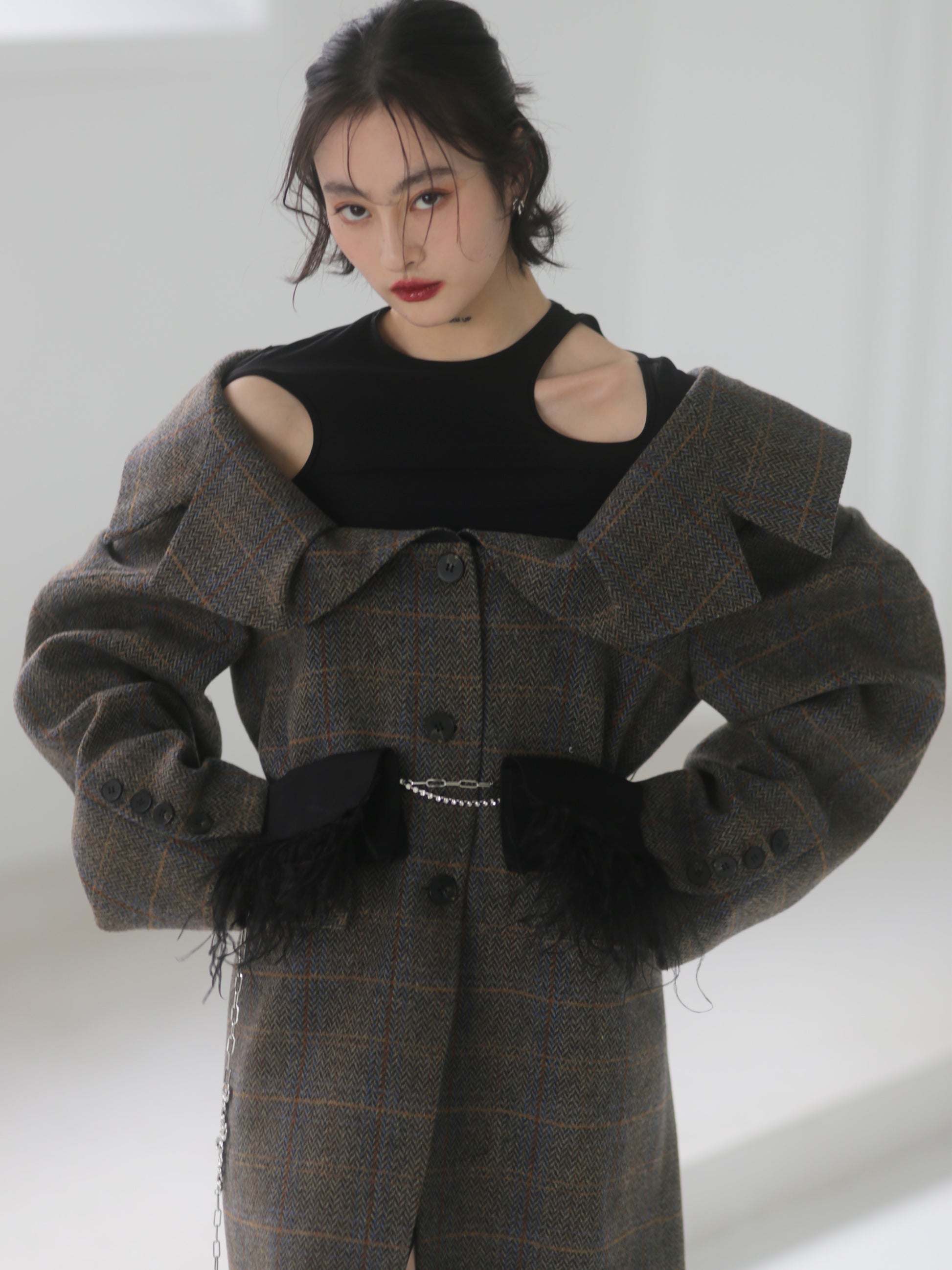 Three-dimensional Generous Collar Plaid Wool Long Coat