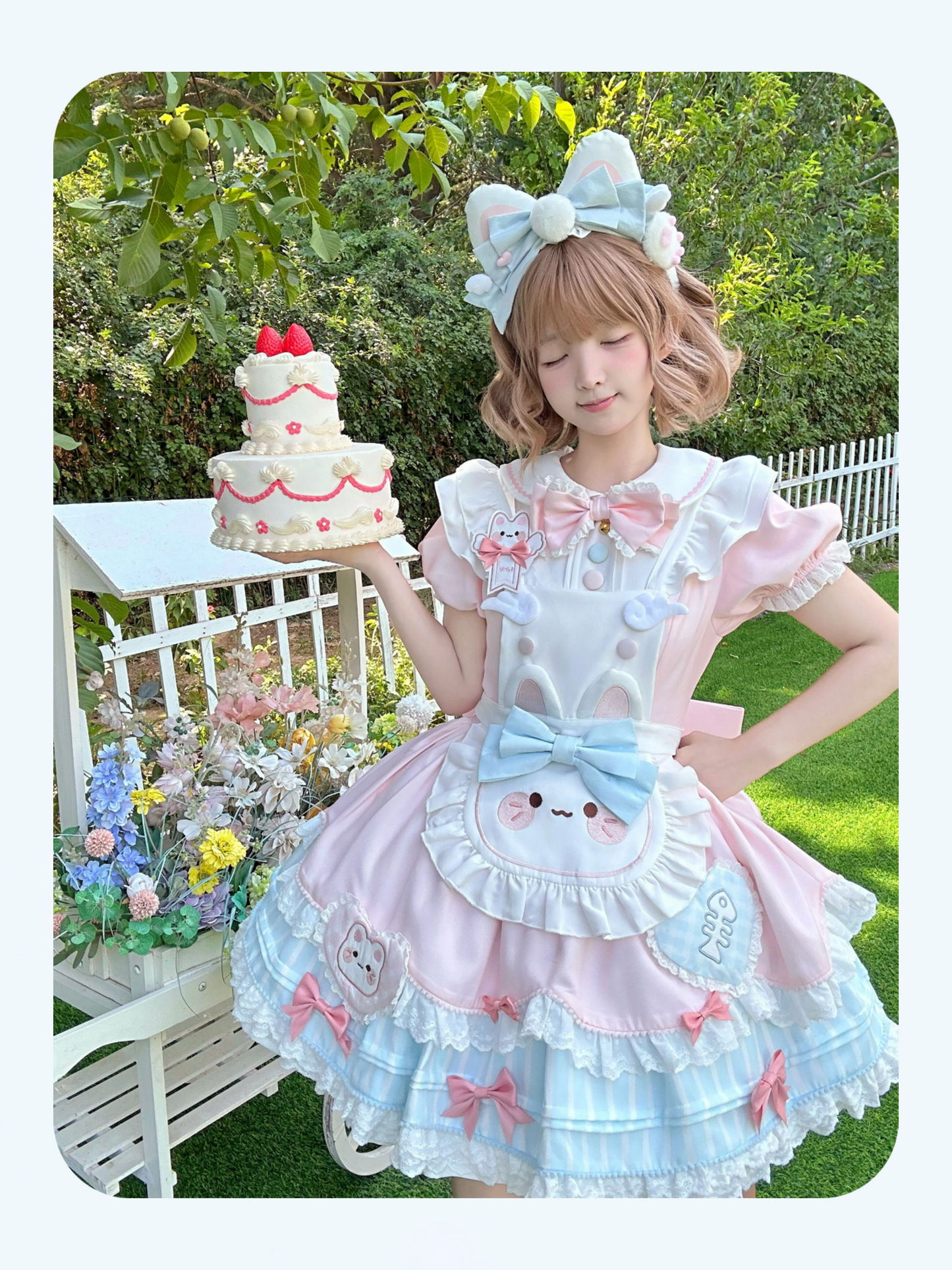 Jiuli Lolita - Nine Meow Bunny - Sweet Lolita Bunny Apron OP Dress, Back Zipper
