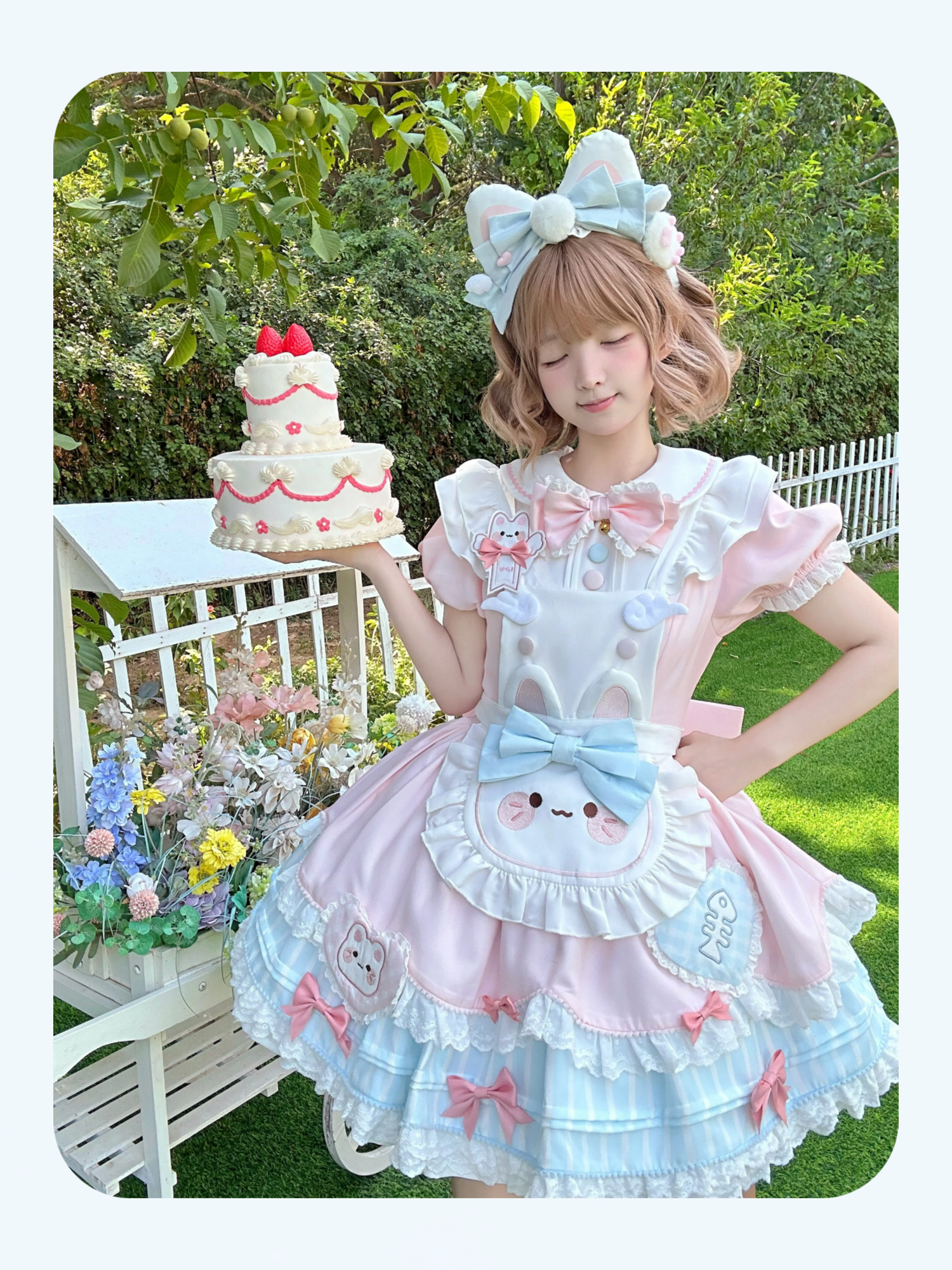 Jiuli Lolita - Nine Meow Bunny - Sweet Lolita Bunny Apron OP Dress, Back Zipper