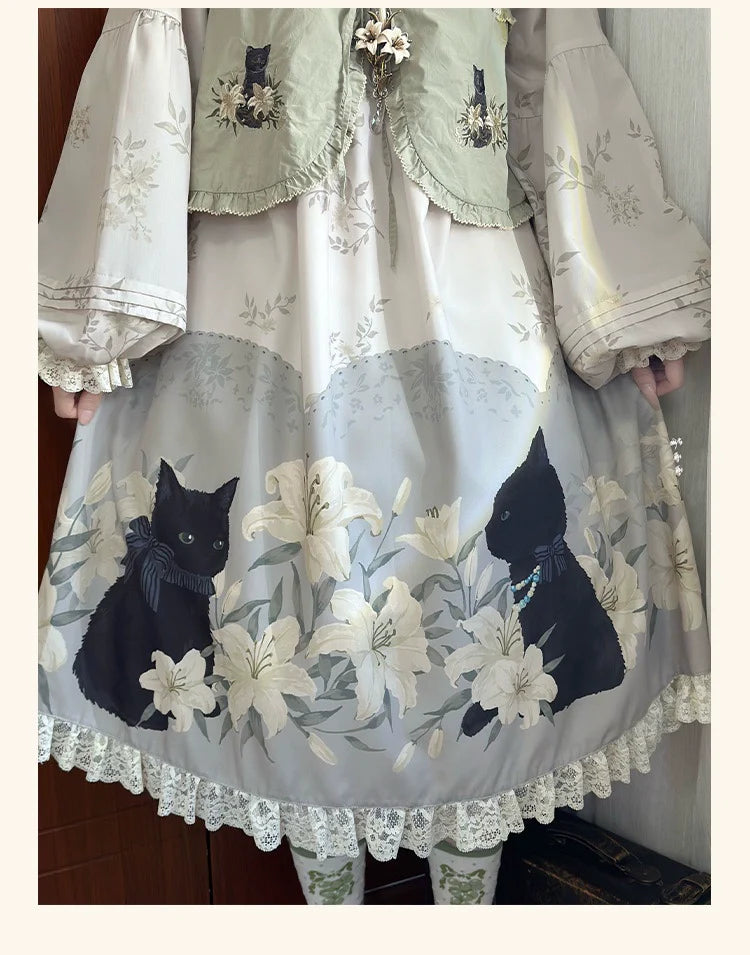 Akiyama Future Studio - Black Cat and Lily - Loose Kawaii Lolita OP Dress with Vest and Hat