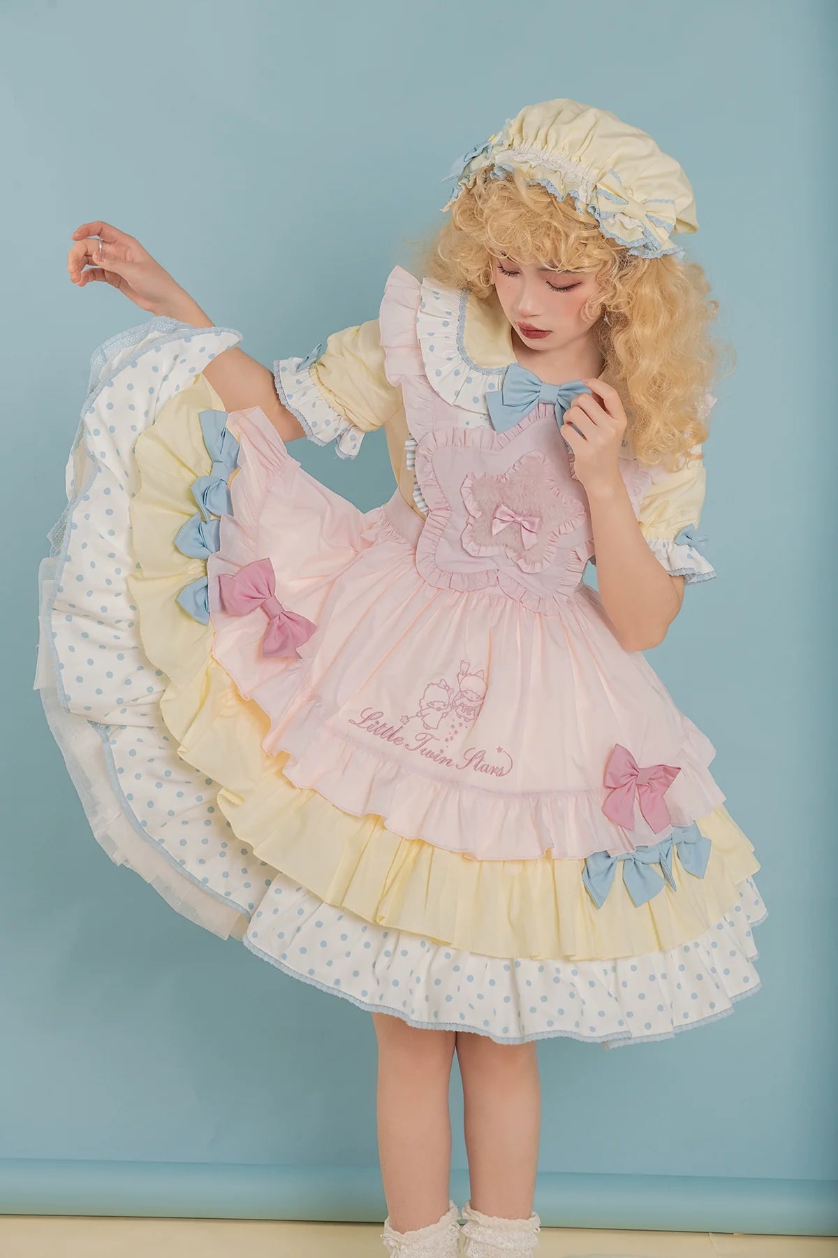 Vcastle - Sweet Lolita OP Dress Splicing Sleeve Apron Dot Print Dress