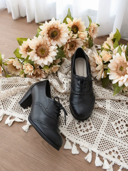 Sentaro - Retro Lolita Heel Shoes Handmade Perforated Strap Leather Shoes