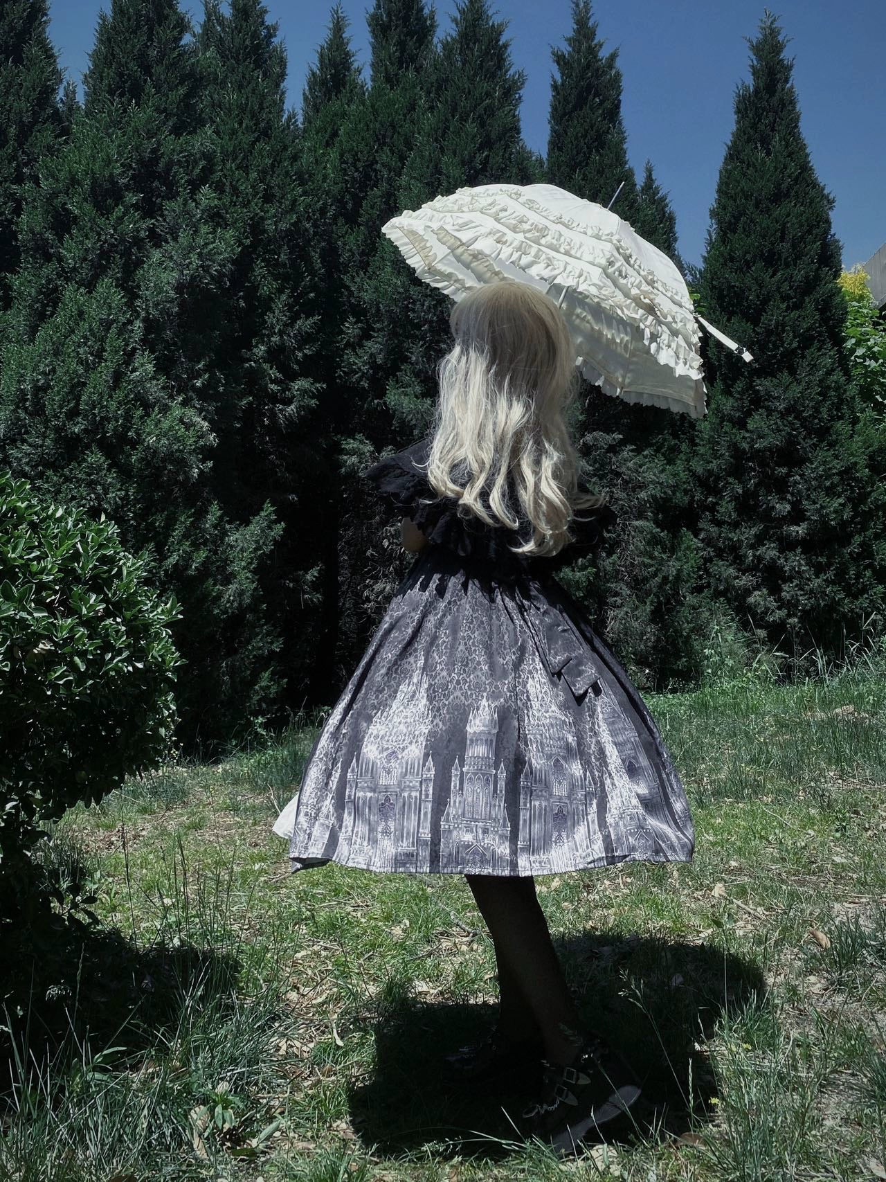 Cornfield Lolita - Silent Church - Gothic Lolita JSK Dress Printed Dress Thin Shawl Set